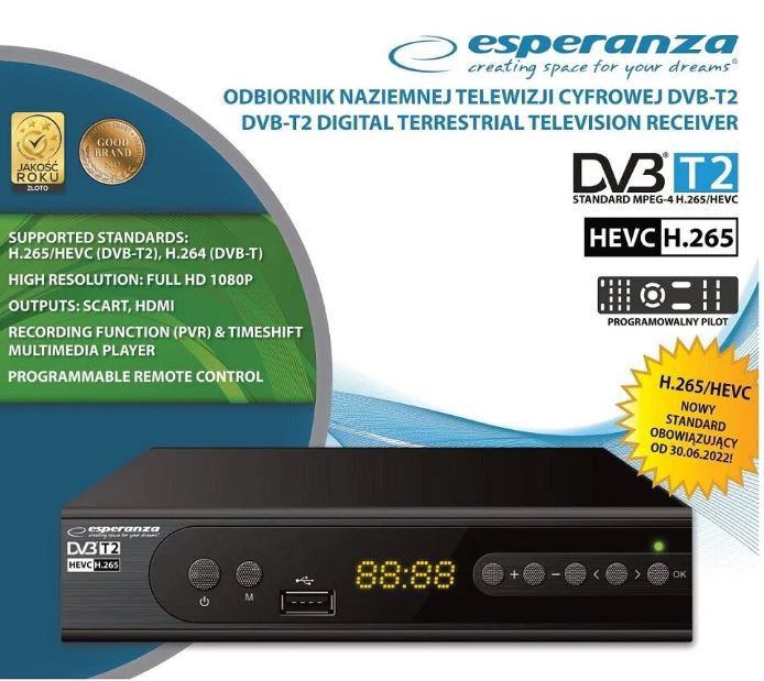 Digiboksi TV-vastaanotin Esperanza EV106P, DVB-T2 H.265/HEVC