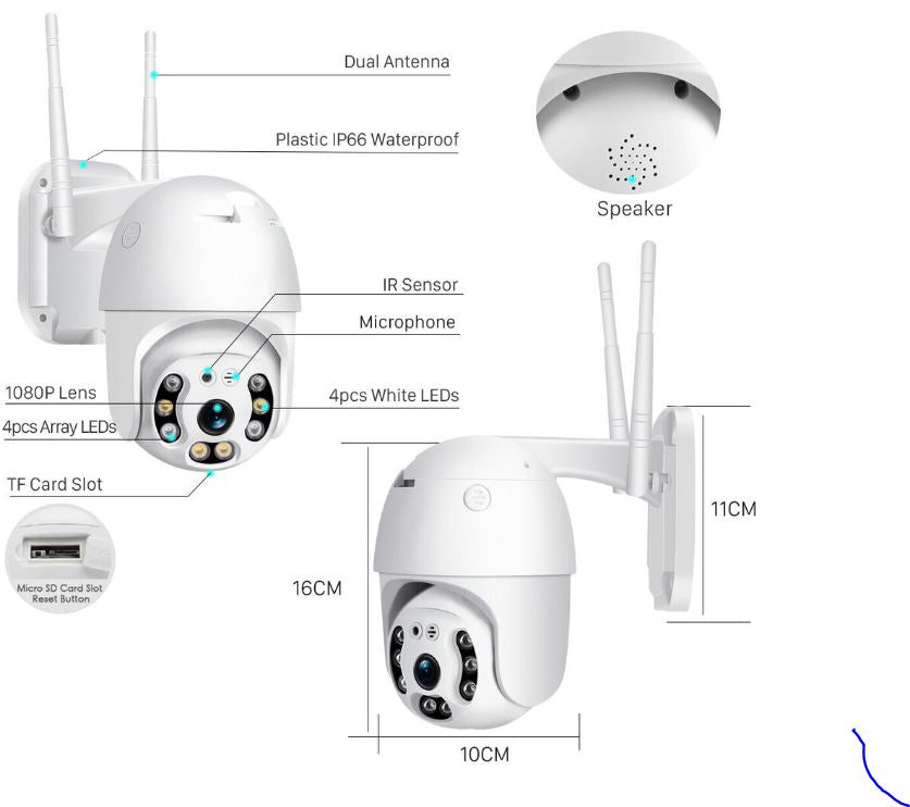Ulko-IP-kamera 360 astetta liikkuva, WiFi, 4x digitaalinen zoom, täysi FULL HD